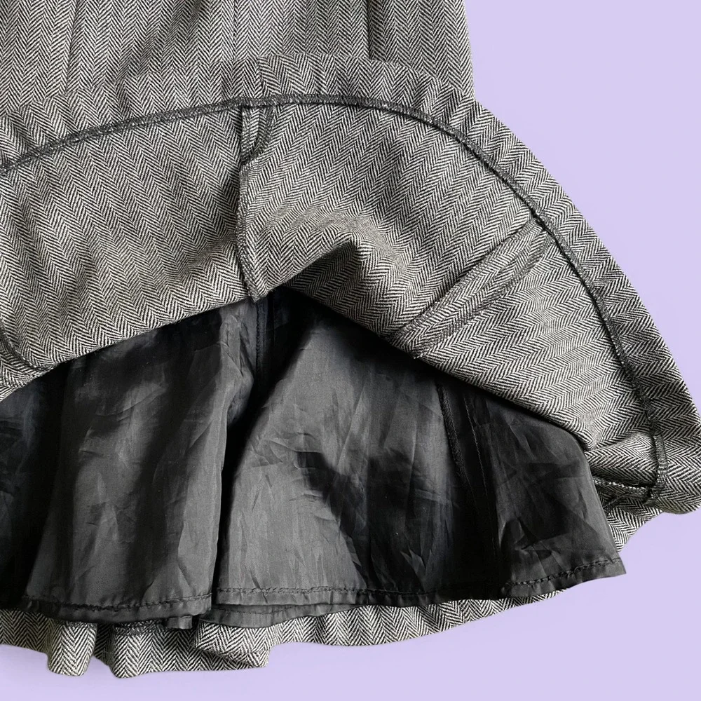 Chaps Vintage Y2K Grey Herringbone Wool Skirt Petite 8P Pleated Fit Flare Lined